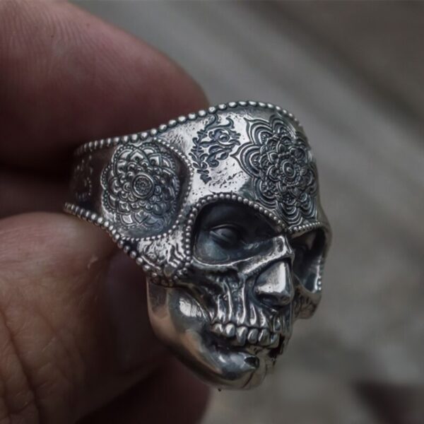 Unique Silver Color 316L Stainless Steel Heavy Sugar Skull Ring Mens Mandala Flower Santa Muerte Biker Jewelry