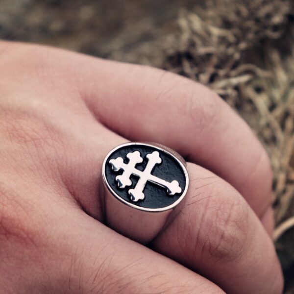 EYHIMD Classic Cross of Lorraine Signet Rings Mens Stainless Steel Biker Ring Biker Fashion Jewelry