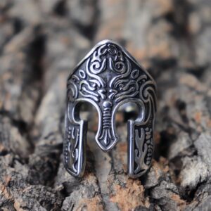 Man Viking Warrior Helmet Ring Scandinavian Pagan Norse Rune Stainless Steel Rings Totem Amulet Jewelry