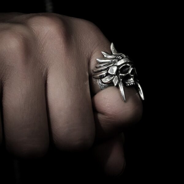 Mens Silver Color 316L Stainless Steel African Tribal Chief Chieftain Skull Rings Punk Biker Party Fashion Jewelry